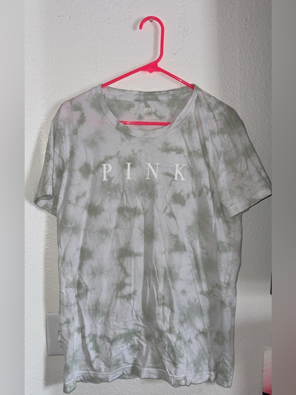 PINK Victoria's Secret Light Green and White Tie-Dye Crew Tee